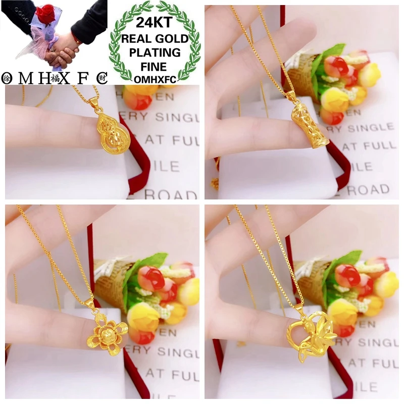 OMHXFC Wholesale YM278 European Fashion Hot Fine Woman Girl Party Birthday Wedding Gift Calabash Flower 24KT Gold Pendant Charm