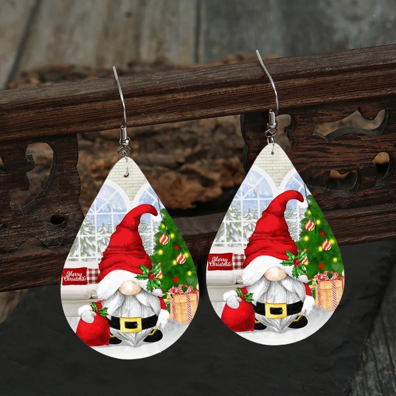 

European and American Fashion New Christmas Leather Earrings Santa Claus Snowflake Double-sided Printed Jewelry