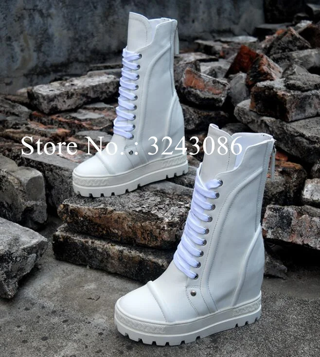 New 10cm Heel Leather Woman Short Boots Fashion Lace-up Platform Lady Wedge Boots Sexy Increasing Heel Female Casual Boots