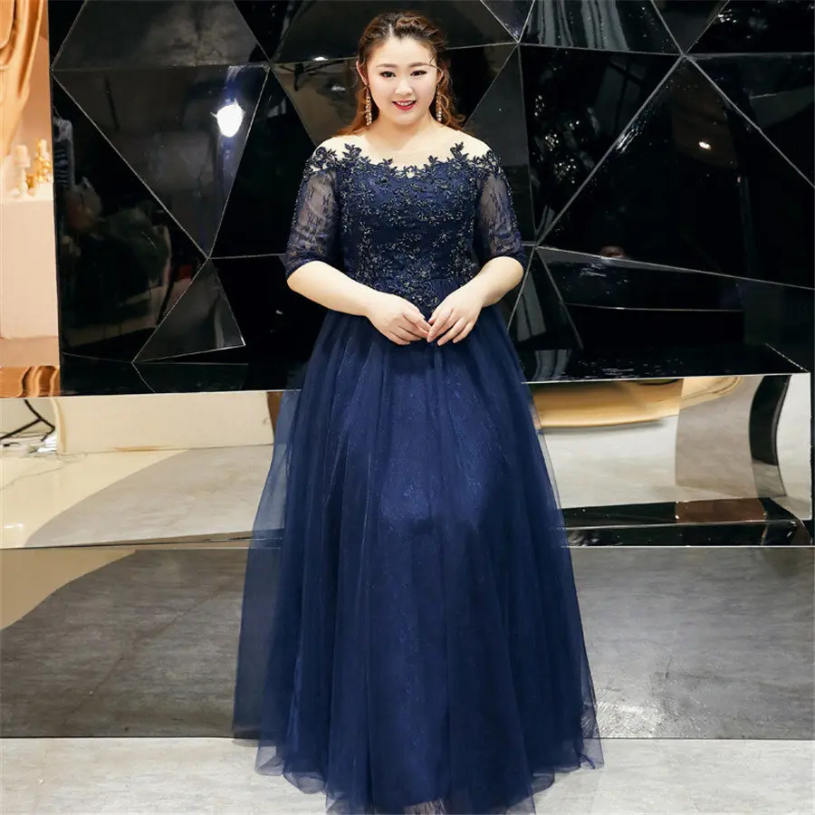 Avondjurken Lange Navy Blue Vintage Robe De Soiree T528 2019 Nieuwe Plus Size Elegante Vrouwen Feestjurken Kant Formele prom Gown