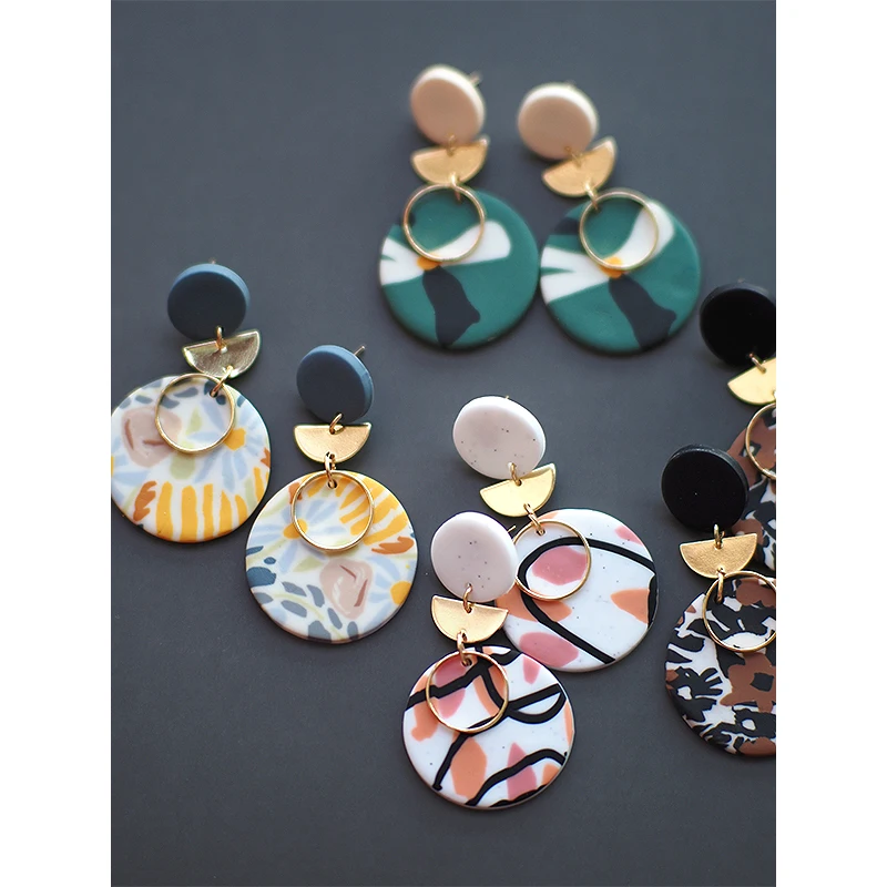 

Colorful Natural Round Disc Floral Abstract Pattern Handmade Polymer Clay Brass Hoop Statements Dangle Earrings Women Jewelry