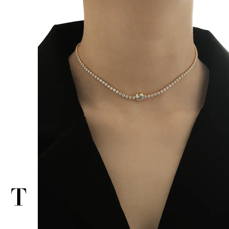 Thick Plating White Gold French Necklace Light Luxury and Generous Necklace with Zircon Tennis Necklace Short Clavicle Chain