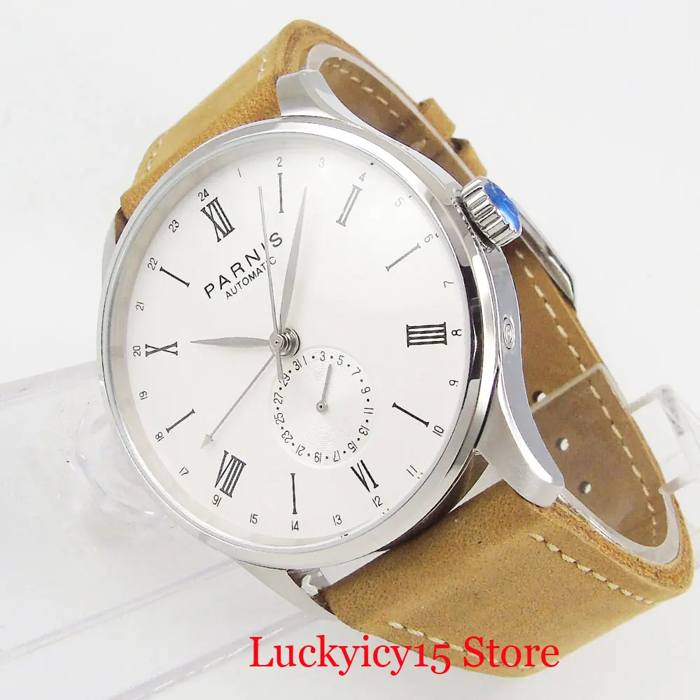 

PARNIS Self Winding Men Wristwatch 24 Hours Date Indicator White Dial ST Movement Camel Strap 42mm