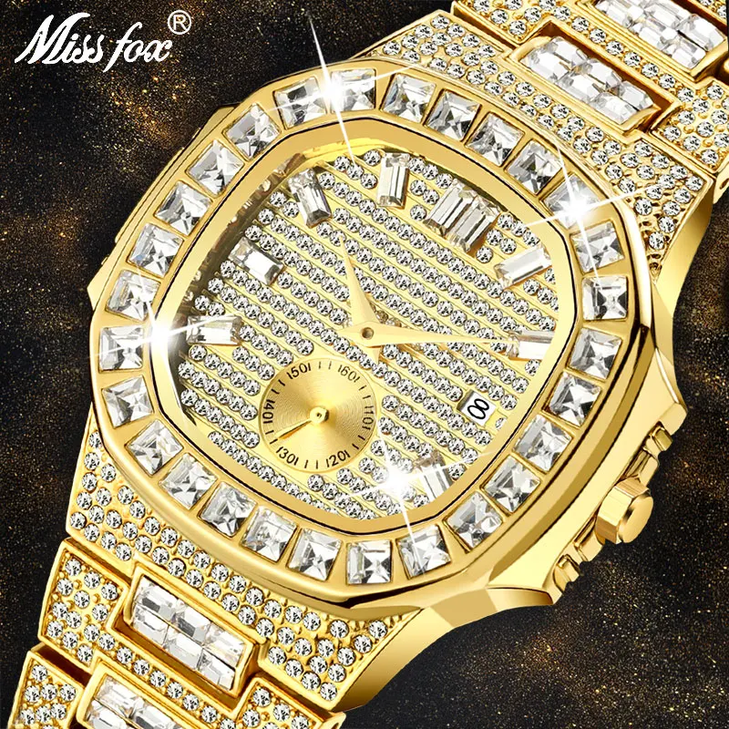 MISSFOX-Relógio masculino impermeável de ouro 18k, totalmente pavimentado, diamante Baguette, calendário, relógio masculino, modelo de luxo