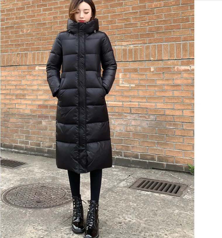 winter warm thick puffer women down cotton jackets black  shiny hooded zipper long padded winter coat