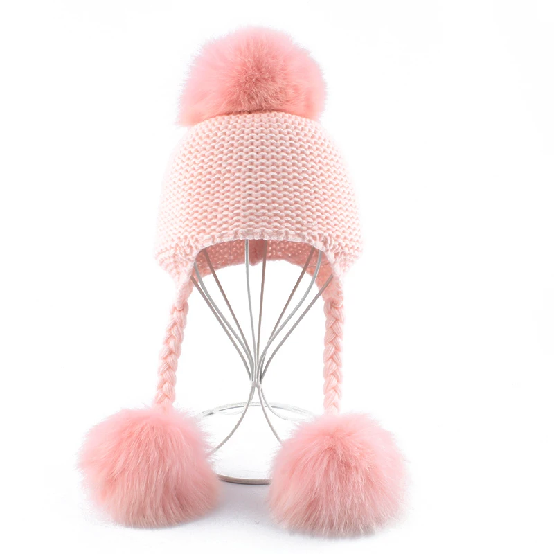 2019 New Autumn Winter Baby Beanie Real Fox Fur Pompom Hat Warm Wool Cap Kids Clothing Accessories Knitted Hat Skullies