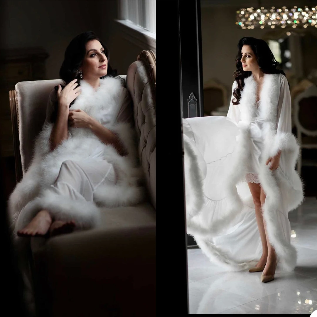 White Warm Fur Wedding Pajama Set Women Winter Sleepwear Long Sleeve Robe Prom Evening Nightgowns 2 Pieces