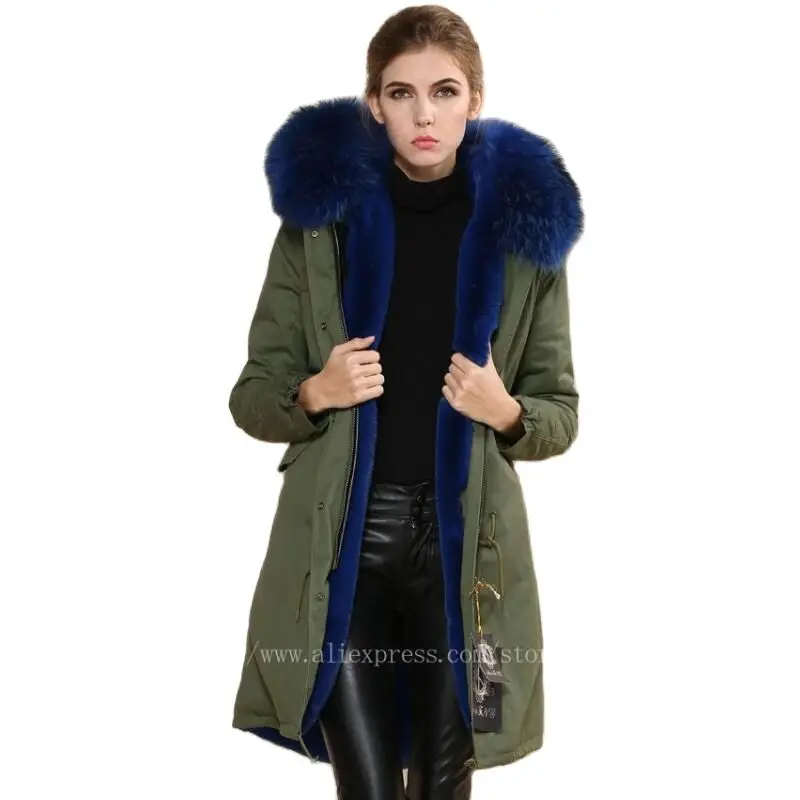 

New Fashion Warm Parka Winter Faux Fur Coat Long Jacket With Blue Lining Raccoon Fur Collar Trimming