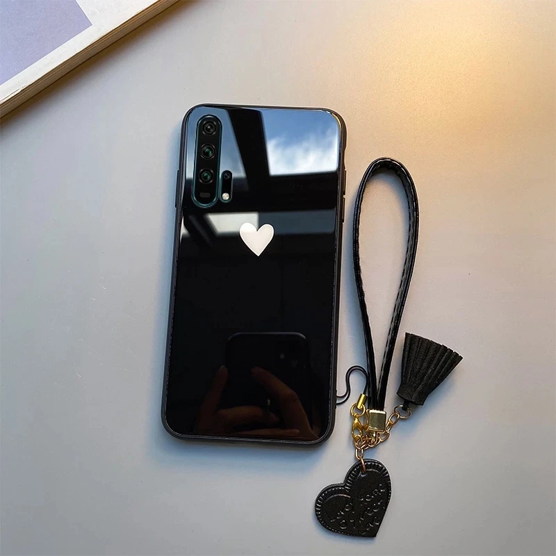 For Samsung Galaxy A7 A8 A6 A9 2018 Case Free strap Red Black Heart Hard Glass Cover For Samsung A6 A8 Plus 2018 Casing