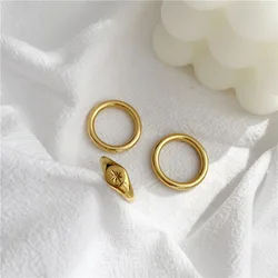 New Stainless Steel Engrave Starburst Signet Plain Round Stacker Rings for Women 18K Gold Plated Color Ring Waterproof Jewelry