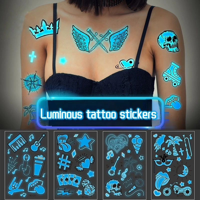 

Bar Music Festival Carnival Party Blue Luminous Tattoo Sticker Fluorescent Musical Note Cool Face Sticker Temporary Tattoo