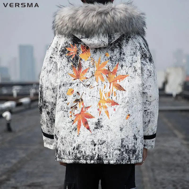 VERSMA Korean Style Clothing Men Winter Warm Jacket Coat Men Parka Maple Print Mens Fur Hood Russian Winter Coats Parkas Men 5XL