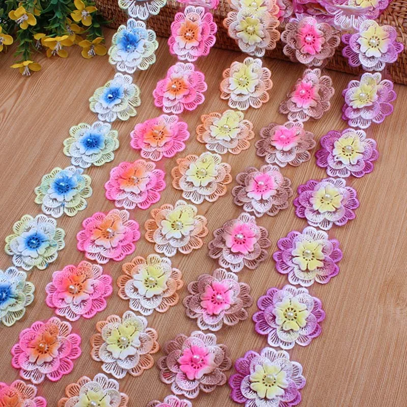 

20Yards Pearl Flower Organza Embroidery Fabric Lace Patch Trim Clothes 3D Beading Flower Wedding Dress DIY Applique 52mm Wide