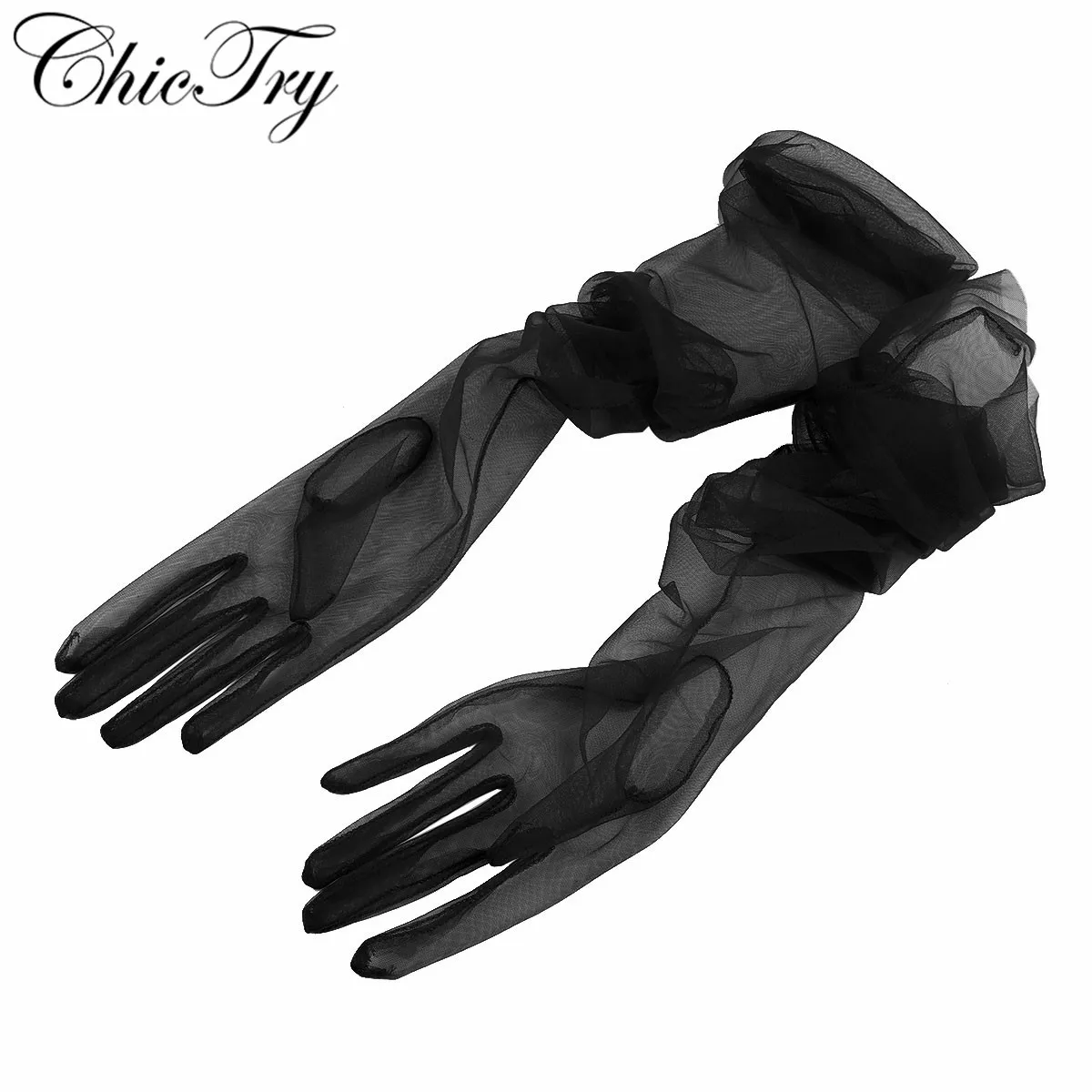 Women Female Ladies See Through Transparent Tulle Full Finger Long Gloves Mittens for Formal Party Photography Accessories