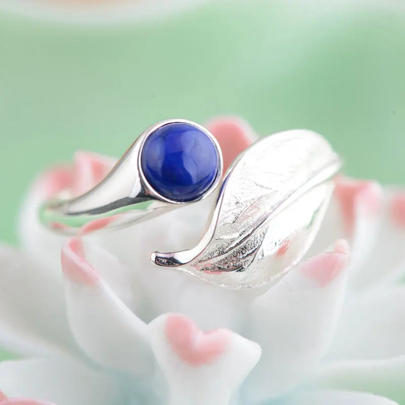 FNJ 925 Silver Leaf Ring for Women Jewelry 100% Original Pure S925 Silver Sterling Ring Natural Lapis Lazuli Red Agate