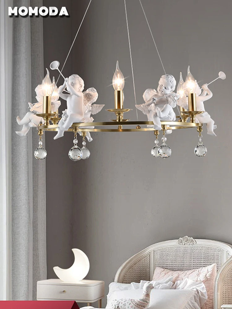 MOMODA Children's Room Bedroom Chandeliers Lighting Nordic Original Designer Angel Art Hanglamp LED Crystal Candle Light Fixture