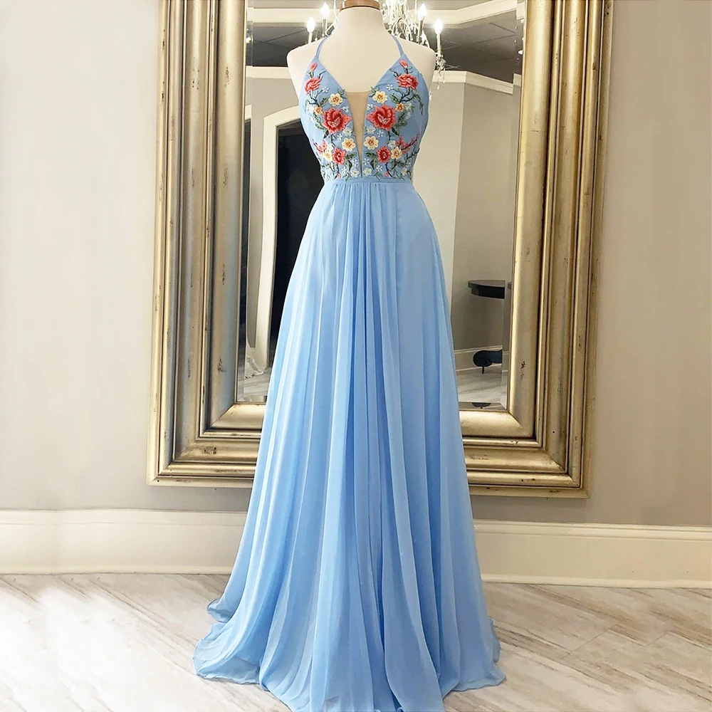 

Blue Evening Dresses Chiffon Formal Gown Halter Neck A line Pleat SKirt Dress Embroidery Flower Lace Prom Dress Open Back