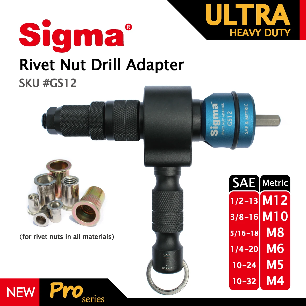 Sigma #GS12 ULTRA HEAVY DUTY Rivet Nut Drill Adapter Cordless or Electric power tool accessory alternative air rivet nut gun