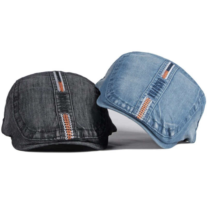 HT3685 Beret Men Women Cap Hat Cotton Denim Flat Cap Retro Artist Painter Beret Hat Male Female Adjustable Beret Cap
