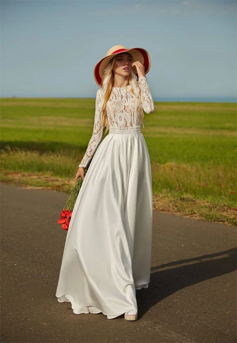 Vestido de novia bohemio de satén con manga larga, traje de boda de corte en A, de encaje, longitud hasta el suelo, 11199