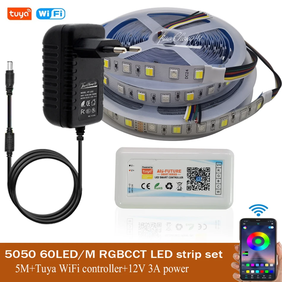 Imagem -04 - Tuya wi fi sem Fio Controlador de Controle Voz Dc12v 5050 Rgb Rgbw Rgbcct Led Tira Fita Luz Flexível Mais Adaptador Alimentação 5m 10m Kit