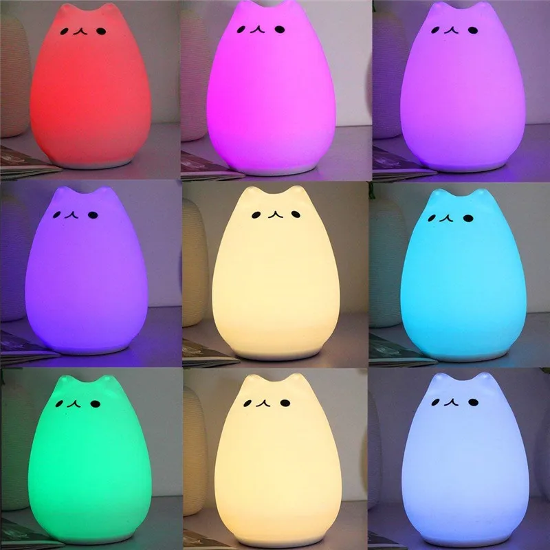 Creative Cat Silicone LED Night Lamp 7color Pat Touch Animal Light Bedroom Bedside Baby Nightlight Child Holiday Gift Decor Lamp