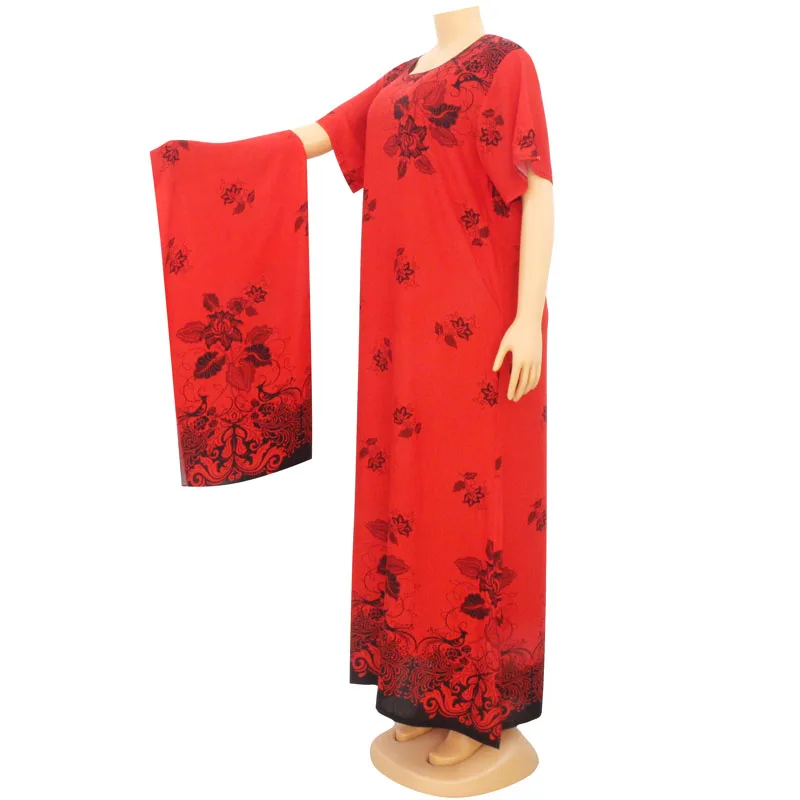 Red Floral Print O Neck Women Straight Multicolored Clothes Summer Short Sleeve Cotton African Dresses with Scarf