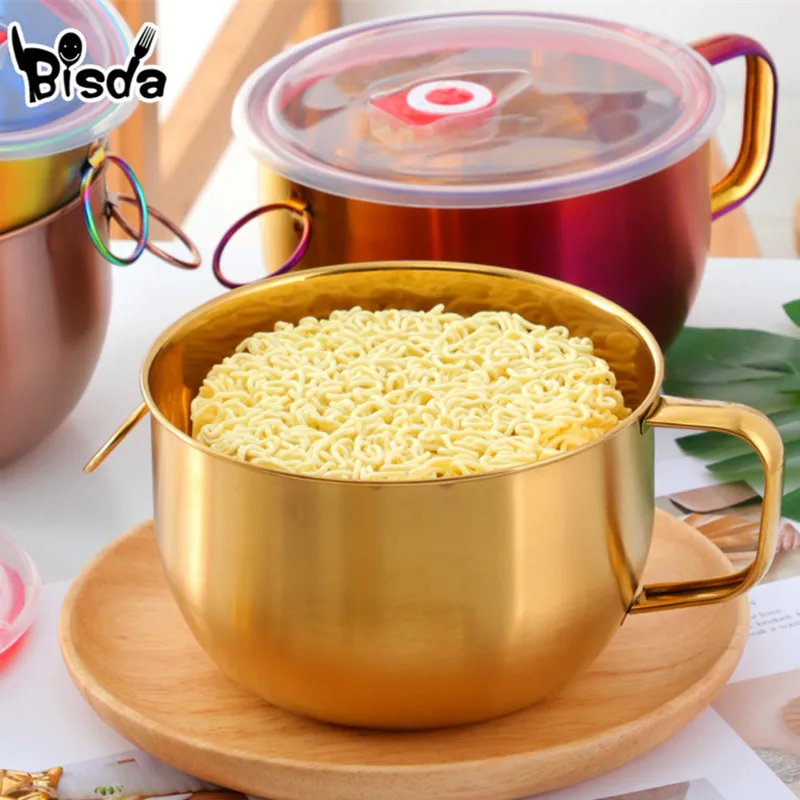 Stainless Steel Bowl With Lid and Handle Golden Instant Noodle Bowls Soup Food Container Silverware Rice Bowl Kit Dinnerware