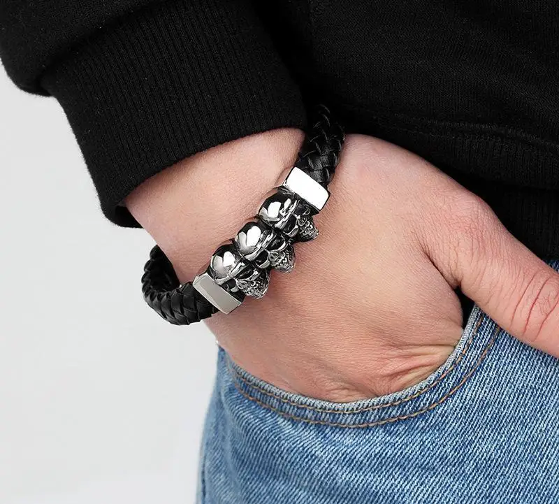 Trend Domineering Gothic Leather Woven Skull Bracelet Men Hip Hop Bracelet Fashion Rock Party Jewelry Gift