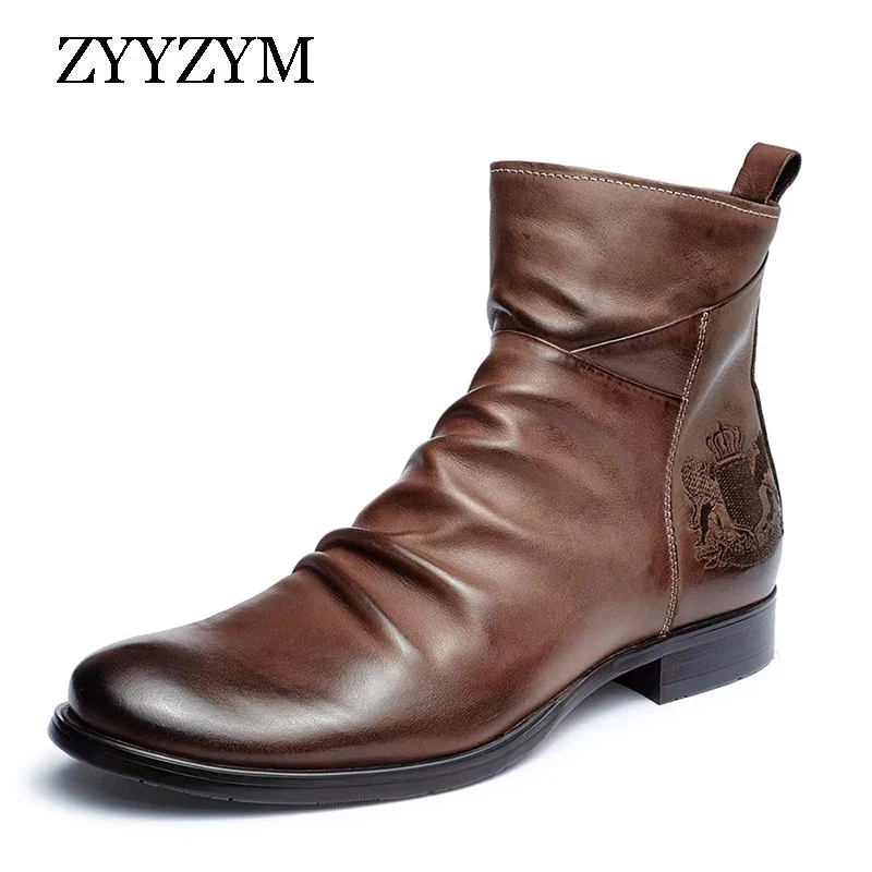 ZYYZYM Men Boots Leather Zipper Autumn Retro Style Badge Embroidery Ankle Army Knights Boots Man Footwear Zapatos De Hombre