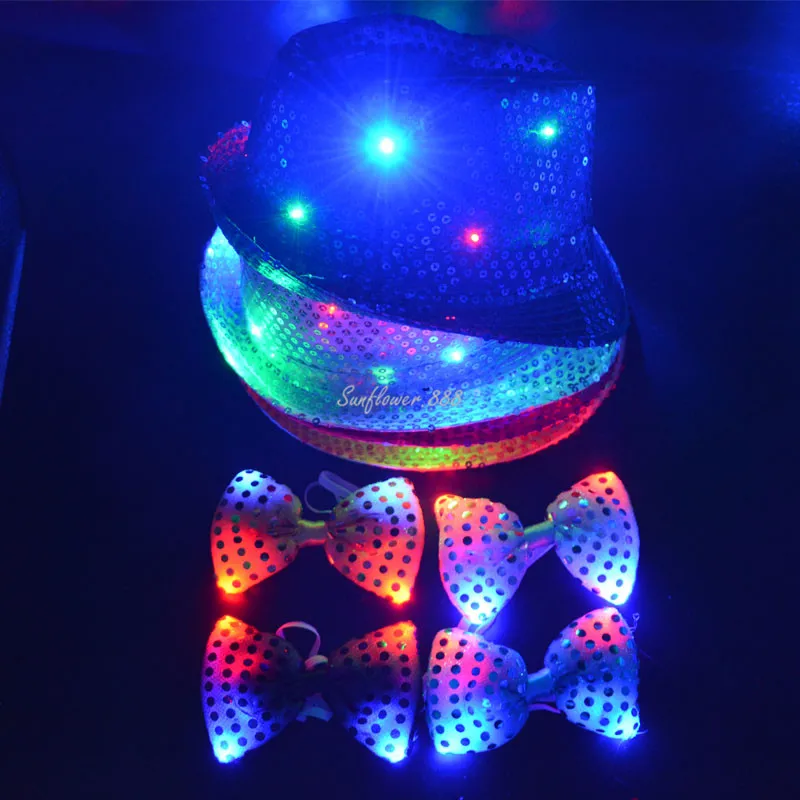 LED Flashing Light Up Sequin Tie Bow with Fedora Hat Party Wedding Boy Men            Christmas Decoration