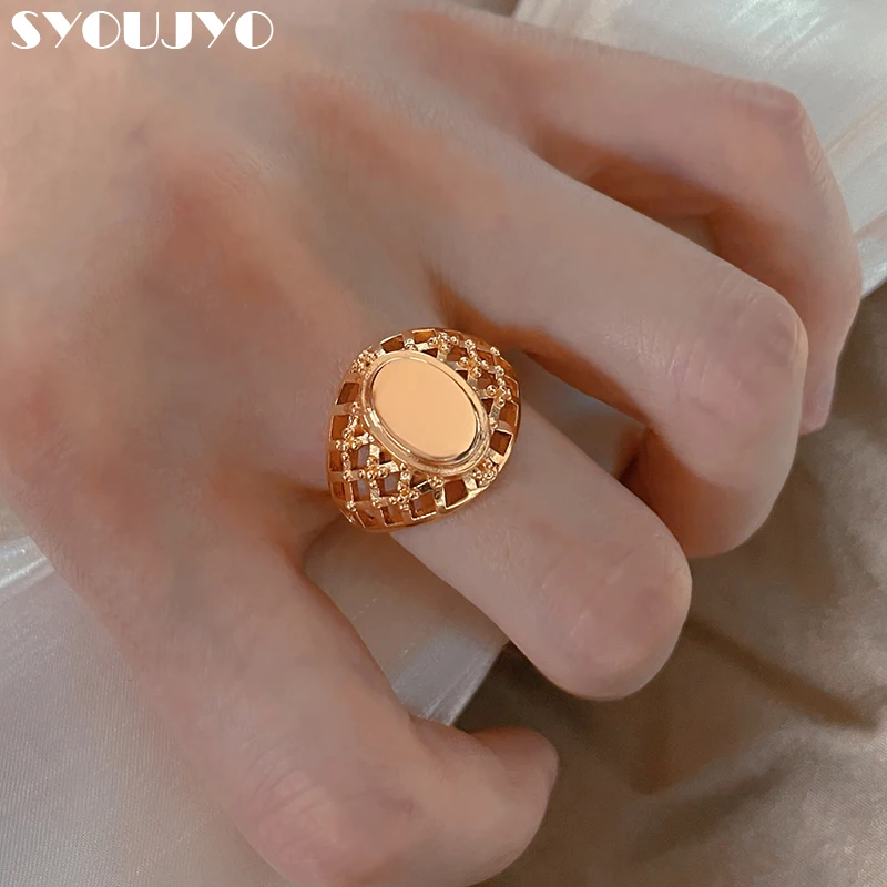 Vintage Hollow 585 Rose Gold Glossy Rings for Women Fashion Simple Design Weaving Oval Ethnic Rings All Matching Daily Jewelry