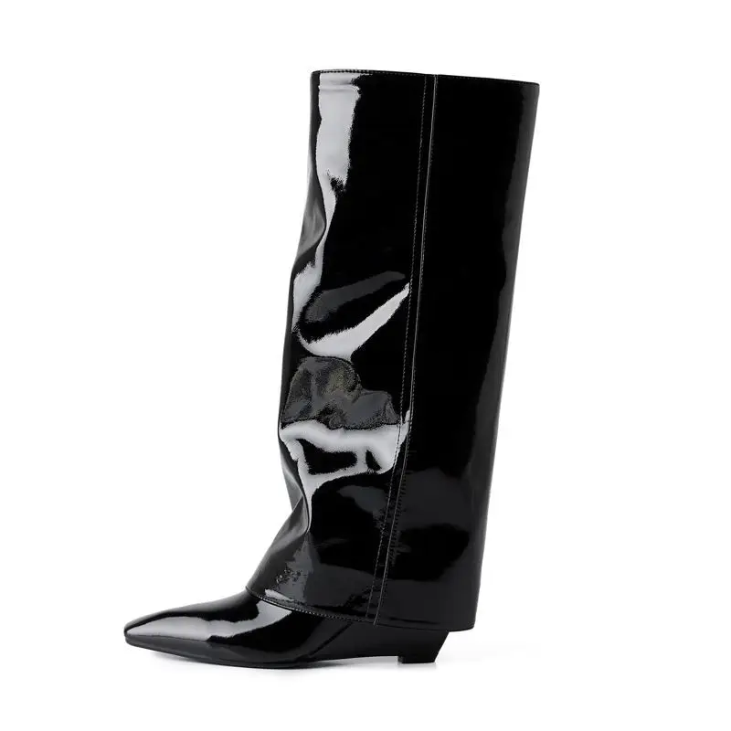 Fashion Black Women Wedge Fold Knee High Heel Boots Square Toe Long Female Wedges Botas Mujer Motorcycle Shoes Woman Winter