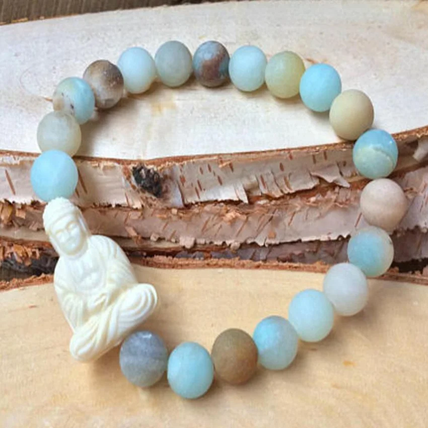 Amazonite bracelet Stretchy Lucky Bless Healing pray Wrist yoga Tibet silver Mala Prayer Men