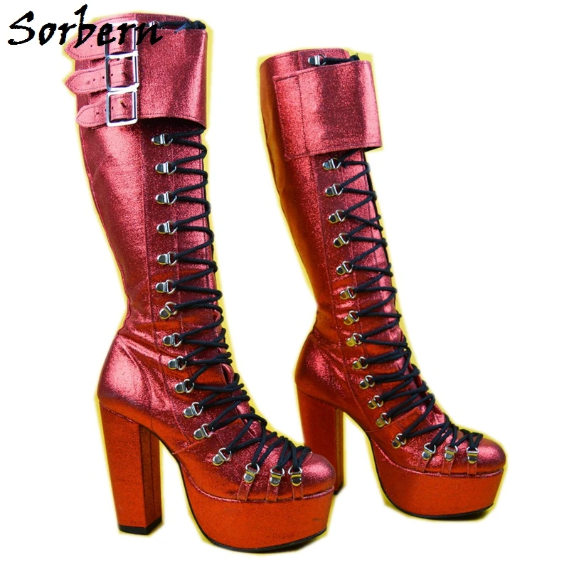 Sorbern Red Glitter Block Heel Boots Knee High Punk Style Women Boot Lace Up Unisex Corssdresser Shoes Cosplay Boot Custom Order