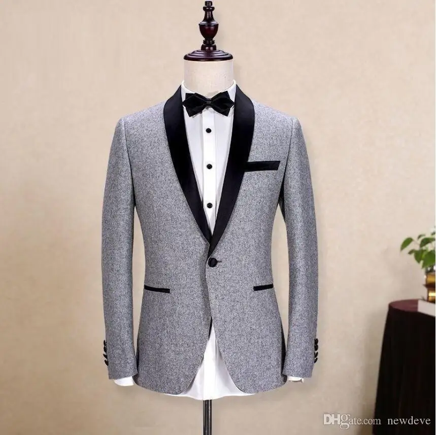 Men's Gray Groom Tuxedo Black Shawl Lapel Jacket Wedding Suits Custom Made Wedding Tuxedos Suit (Jacket+Pants)