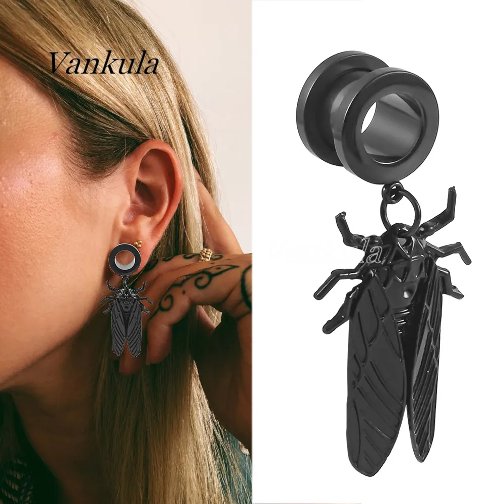 Vankula 2PCS Stainless Steel Black Ear Plugs Tunnels Dangle Earrings Ear Gauges Expander Hanger Trendy Gift For Woman