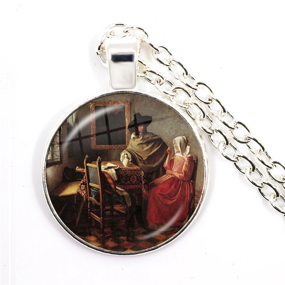 Charm Girl Wearing Pearl Johannes Vermeer Art Oil Painting Pendant Necklace 25mm Glass Cabochon Jewelry for Women Girls Gift