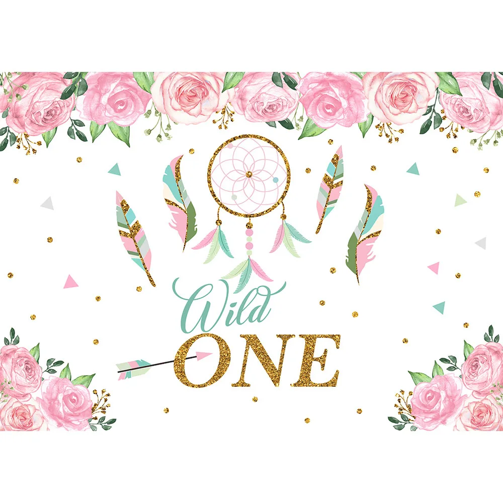 Mocsicka Wild One Backdrop Photography Pink Rose Flower Baby Child One Birthday Party Photo Background for Photo Studio Feather