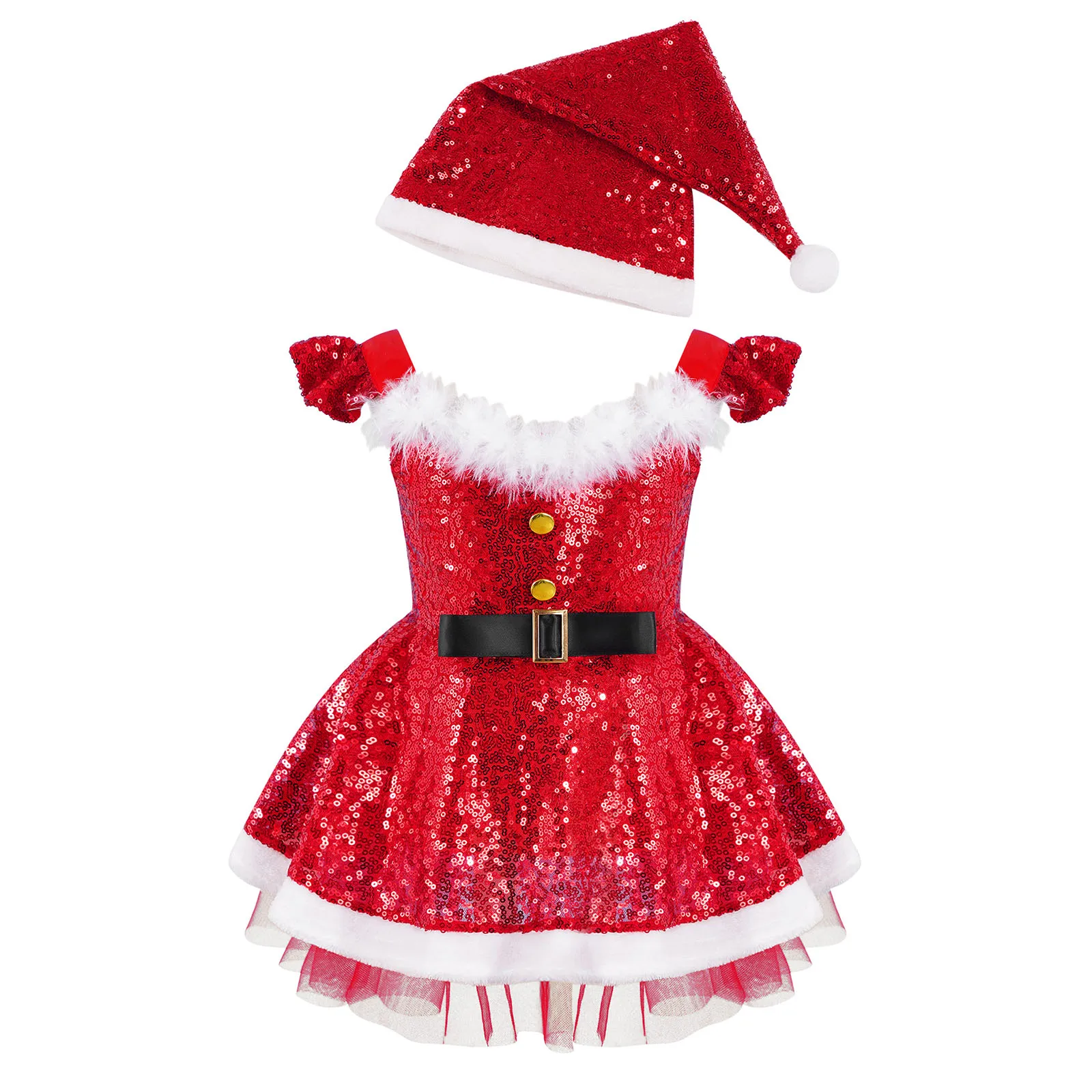 Baby Girls Christmas Princess Dress with Hat Set Red Sequins Faux Fur Adorned Tutu Dress Toddler Kids Baby Girl Xmas Clothing