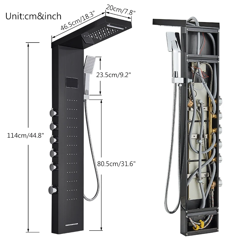 Bathroom LED Rain/Waterfall Head Shower Panel Digital Display Screen Massage Jets Waterfall Bath Tub Spout Shower Column