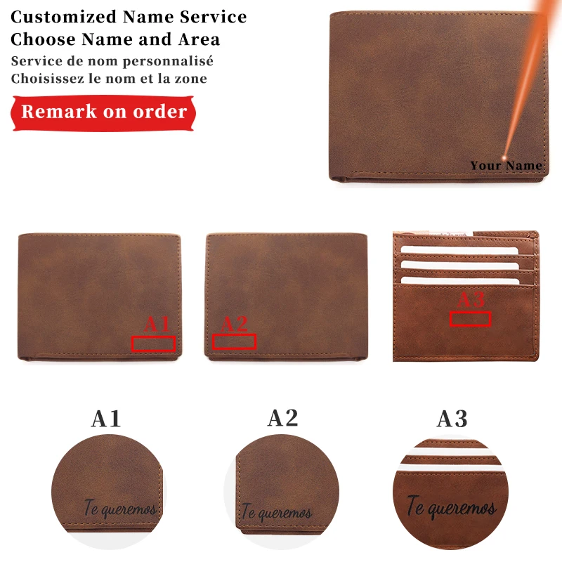 Personalized Gift Men's PU Leather Laser Customized Name Bi-Fold Short Retro Brown Simple Horizontal Ultra-thin Wallet