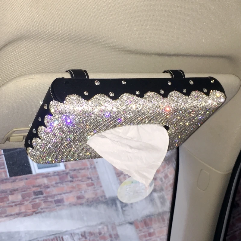 Luxury Bling Car Visor Tissue Holder Sparkling Crystal Car Seat Back Hanging Tissue Box Glitter Paper Clip Car Accessories