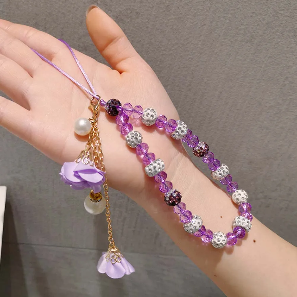 Trendy Beads Chain Mobile Phone Lanyard Short Cord for Key USB Crystal Bracelet Phone Case Flower Pendant Anti-lost Wrist Straps