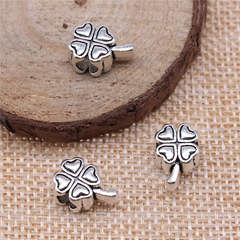 30pcs 13x9mm antique silver Four-leaf clover large beads charms diy retro jewelry fit Earring keychain hair card pendant