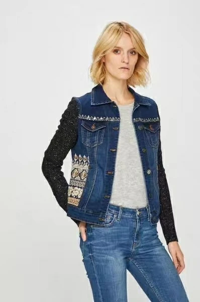 Spain  fashion heavy industry embroidery women's Denim stitching wool sleeve spring and autumn jacket hot sale coat