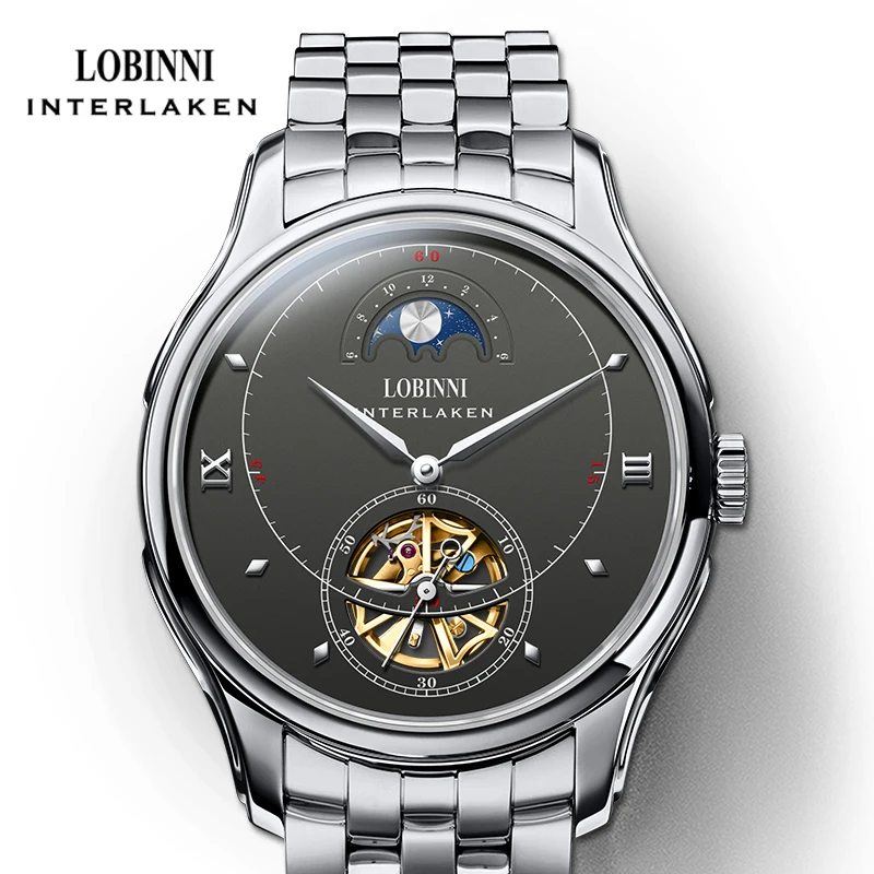 LOBINNI Luxury Stainless Steel Men Automatic Watches Moon Phase Mechanical Watch Sapphire Glass Waterproof Men Wirstwatch