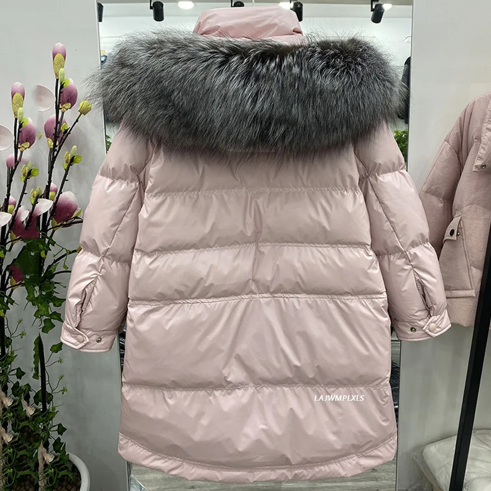 Winter Women New Glossy White Duck Down Jacket Loose Casual Warm Thick Coat Detachable Large Real Fur Collar Overcoat