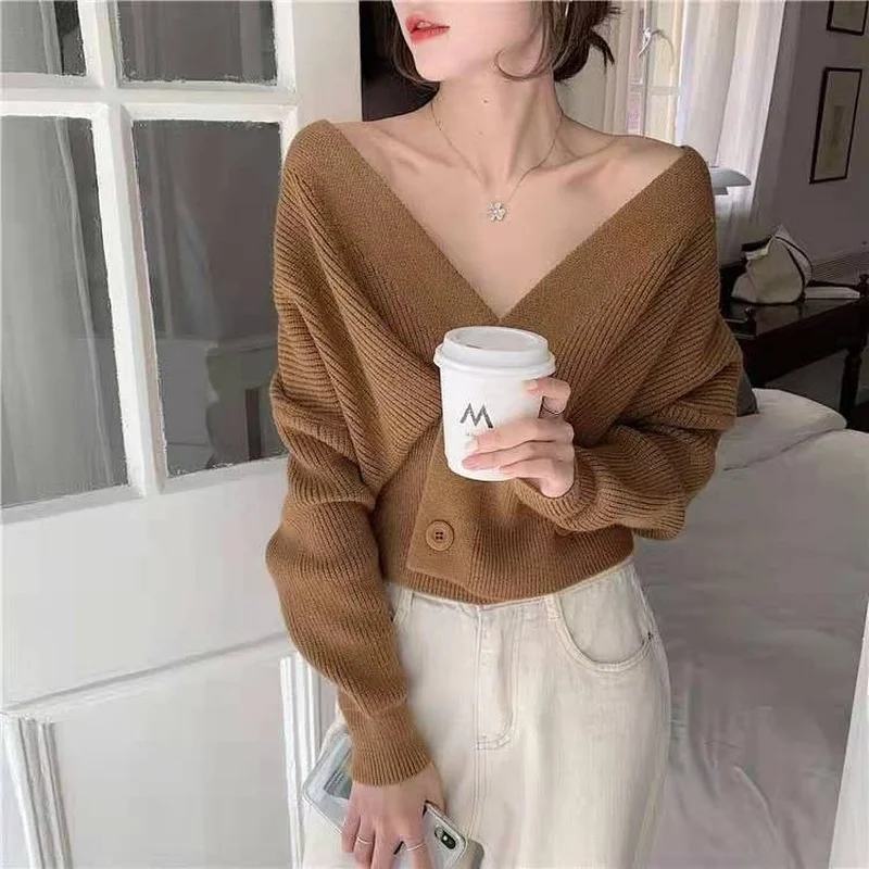 Cardigans Women Solid Double Breasted Designed Retro Elegant Teens V-neck Chic Trendy Unique Gentle All-match Streetwear Sweater