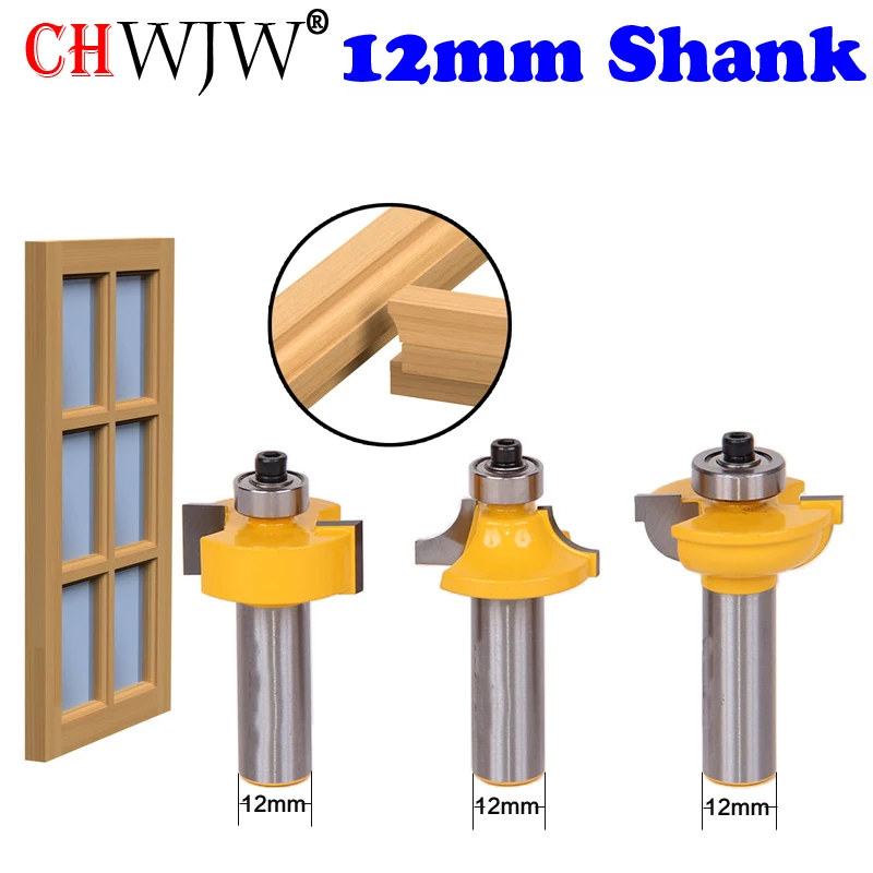 CHWJW-12mm 생크 유리 도어 라우터 비트, 라운드 오버 비드 세트, 목공 도구용 커터 장부 커터 포함, 3 개